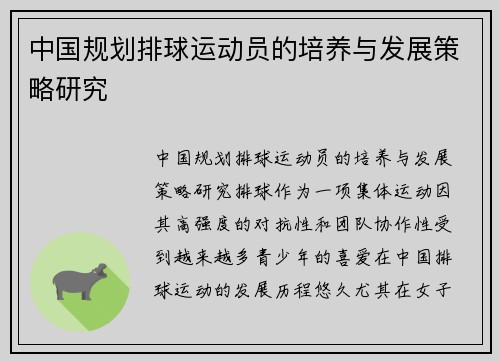 中国规划排球运动员的培养与发展策略研究